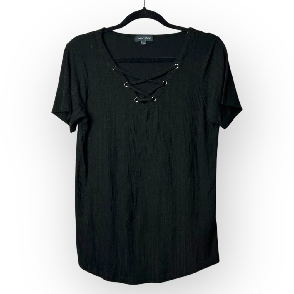 Warehouse One Black Lace Up V Neck Tee L